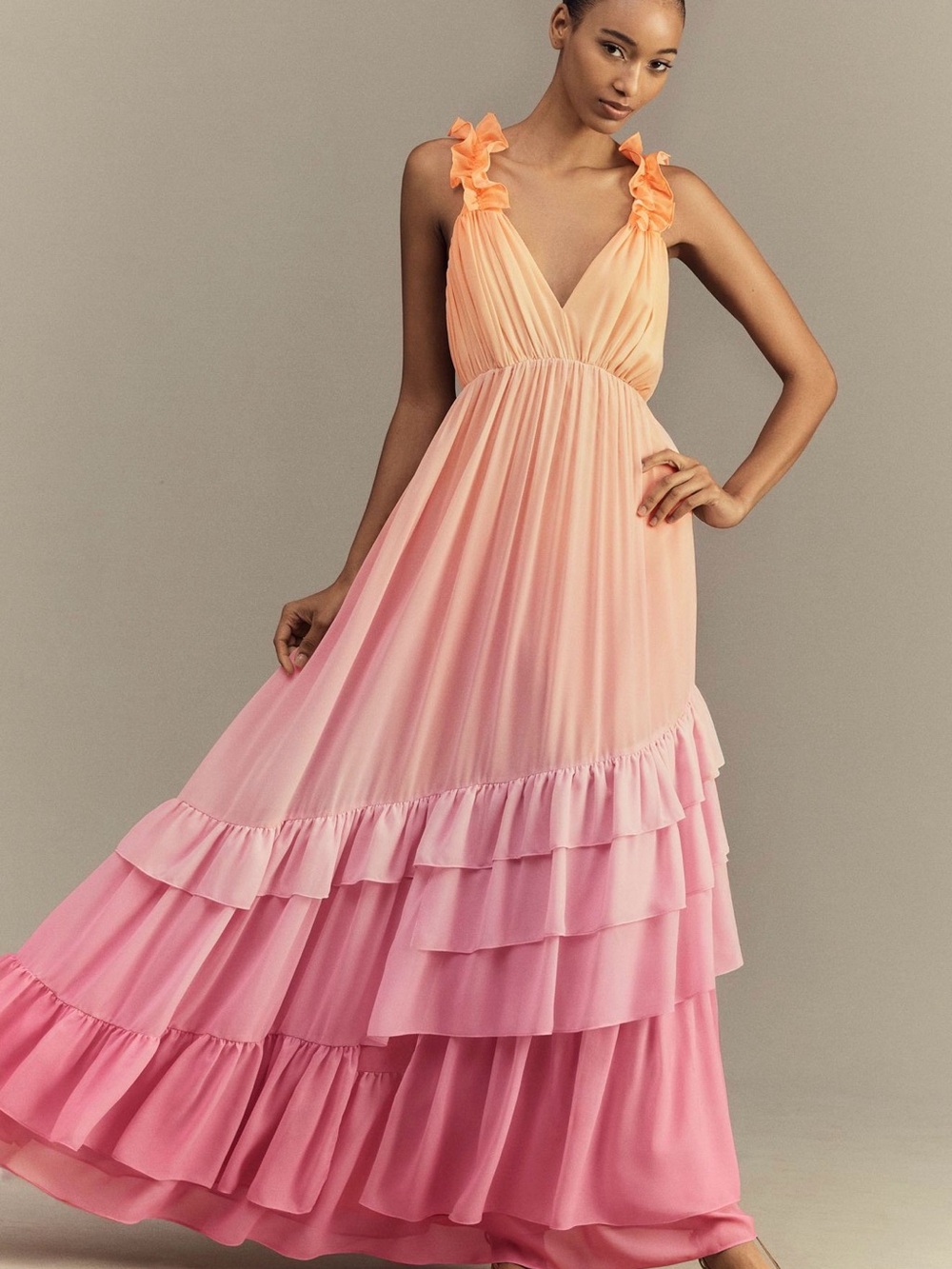 BHLDN Peach-to-Pink Ruffle Tiered Maxi Dress